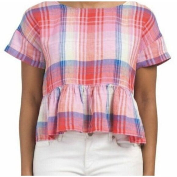 C&C California Linen Plaid Ruffle-Hem Short Sleeve Women's Top Size M - Picture 1 of 7